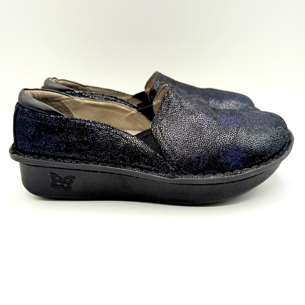 Alegria DEB-477 Black Purple Leather Slip On Nurse Flat Shoes Womens Size 7-7.5